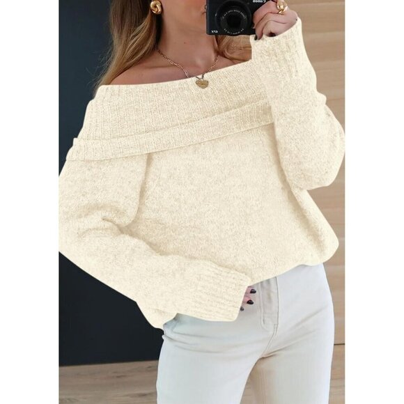 PRETTYGARDEN Women's Sweaters Fall Off The Shoulder Beige White Long Sleeve Top - Picture 8 of 8